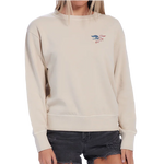 Ladies Red/White/Blue Trident Flag Khaki Garment Dyed Fleece Crew