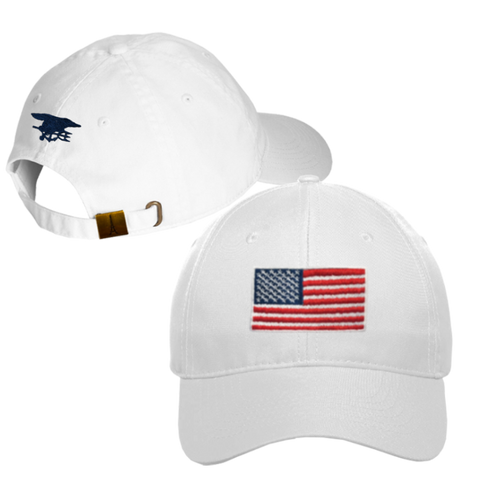 Ladies White Cap with Big American Flag and Trident