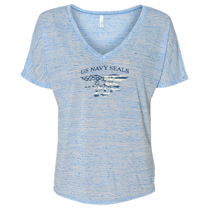 Ladies US NAVY SEALS with Navy/White Trident Flag V-neck Slouch Tee