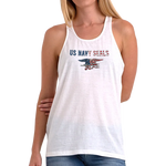 Ladies White US NAVY SEALS and Trident in Red/White/Blue Knotted Back Tank