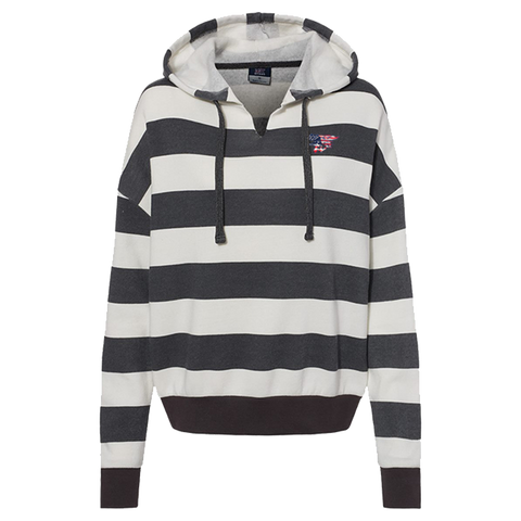 Ladies Gray Striped Fleece Boxy Hooded Sweatshirt